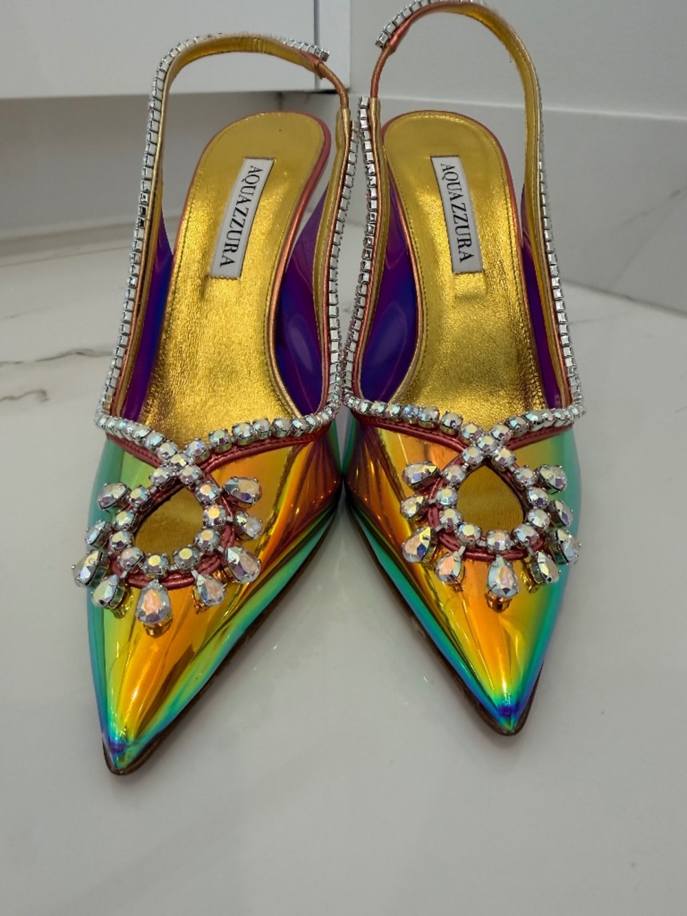 Aquazzura Tequila Crystal Slingback Pumps Rainbow Iridescent Metallic Size 38